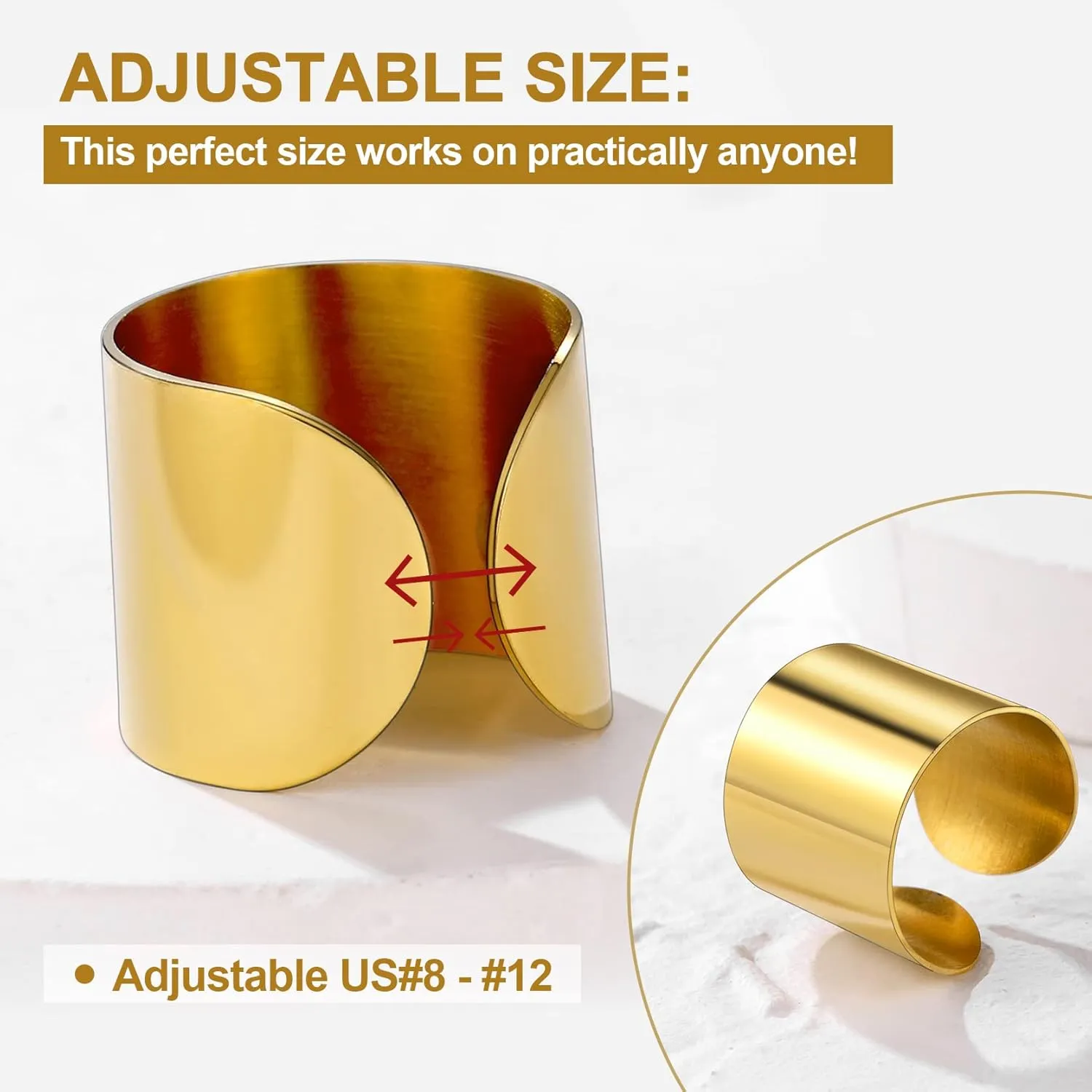 GoldChic Jewelry Wide Plain Rings for Women, 17mm/20mm Mens Stainless Steel Adjustable High Polished Band Ring, Personalized Adjustable Flat Wide Dainty Cuff Statement Tube Ring #8 -#12, with Gift Box