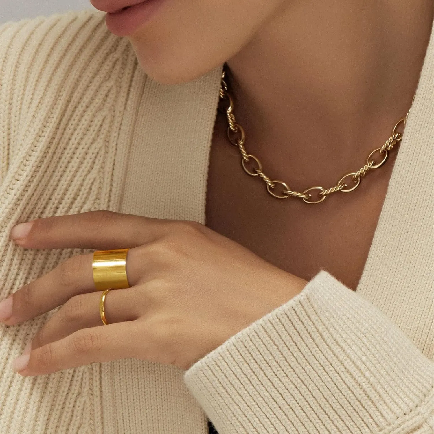 GoldChic Jewelry Wide Plain Rings for Women, 17mm/20mm Mens Stainless Steel Adjustable High Polished Band Ring, Personalized Adjustable Flat Wide Dainty Cuff Statement Tube Ring #8 -#12, with Gift Box
