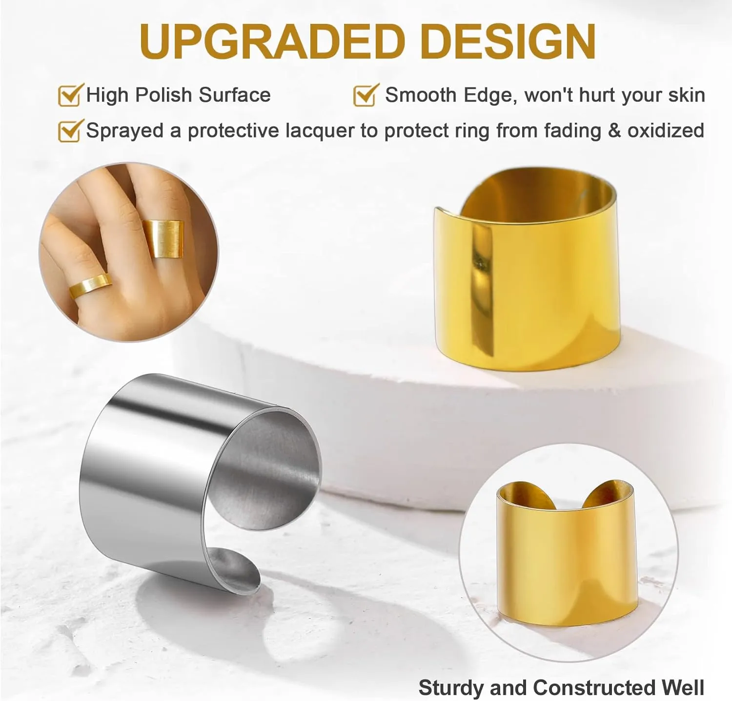 GoldChic Jewelry Wide Plain Rings for Women, 17mm/20mm Mens Stainless Steel Adjustable High Polished Band Ring, Personalized Adjustable Flat Wide Dainty Cuff Statement Tube Ring #8 -#12, with Gift Box