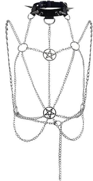 Gothic Body Chain Star Choker Tops Spike Rivet Necklace Punk Silver Leather Ring Rave Party Nightclub Body Chains