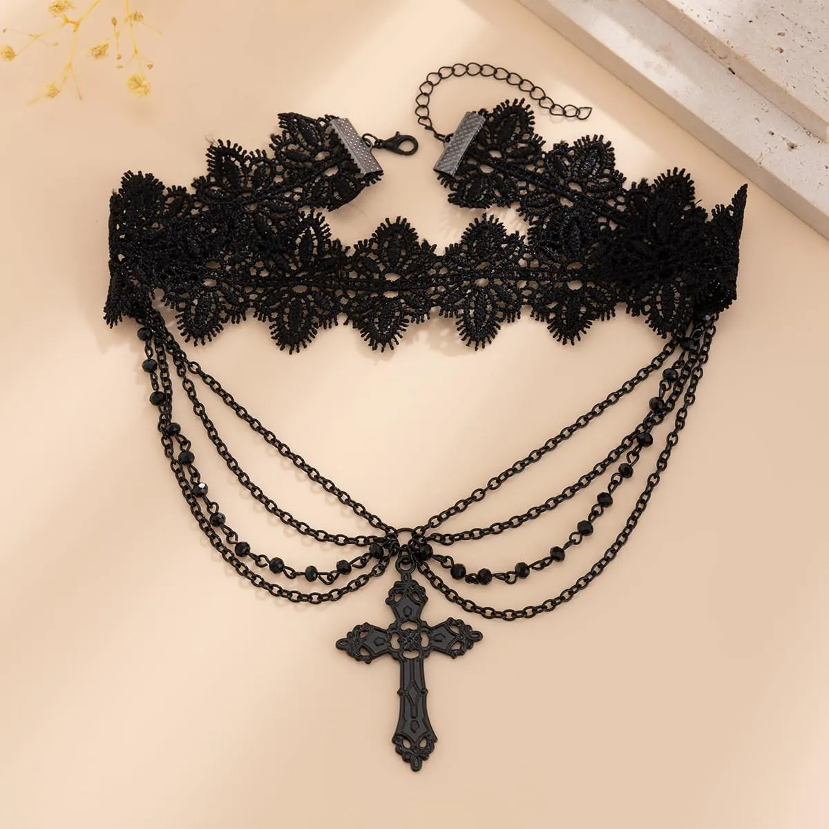 Gothic Cross Lace Necklace Zinc Alloy Black Cross Pendant Layered Bead Choker Necklace Halloween Goth Jewelry Gift for Women