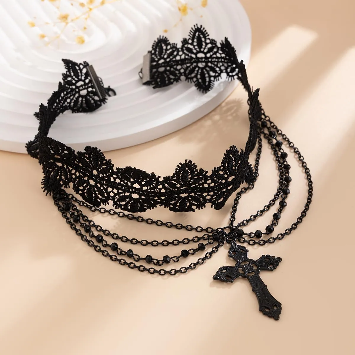 Gothic Cross Lace Necklace Zinc Alloy Black Cross Pendant Layered Bead Choker Necklace Halloween Goth Jewelry Gift for Women