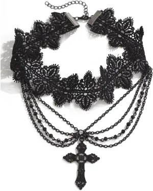 Gothic Cross Lace Necklace Zinc Alloy Black Cross Pendant Layered Bead Choker Necklace Halloween Goth Jewelry Gift for Women