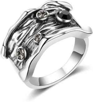 Gothic Crystal Statement Ring Wide Band Vintage Silver Punk Rock Rings for Women Fashion Jewelry Metal Textured Wave Design with Rhinestones