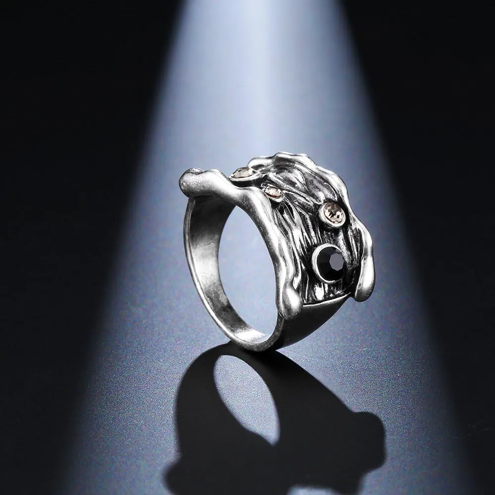 Gothic Crystal Statement Ring Wide Band Vintage Silver Punk Rock Rings for Women Fashion Jewelry Metal Textured Wave Design with Rhinestones