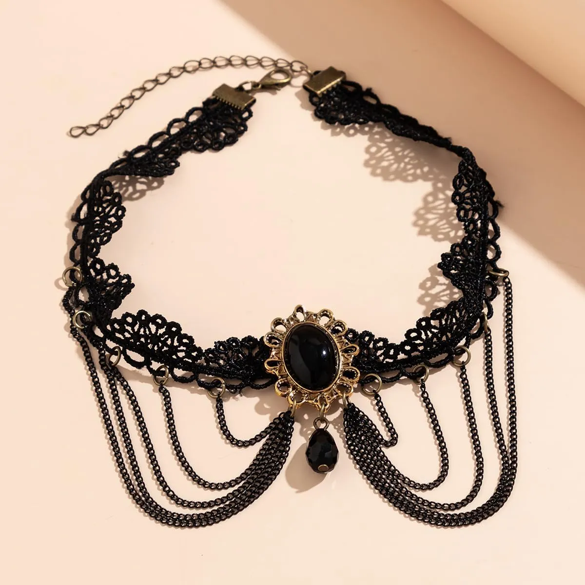 Gothic Lace Choker Necklace for women Black Crystal Lace Choker Necklace Vintage Lace Drop Fringe Necklace Dark Lace Necklace Halloween Necklace Wedding Party Jewelry