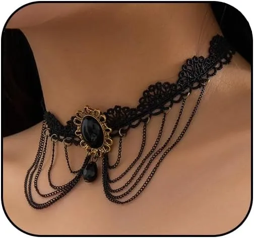 Gothic Lace Choker Necklace for women Black Crystal Lace Choker Necklace Vintage Lace Drop Fringe Necklace Dark Lace Necklace Halloween Necklace Wedding Party Jewelry