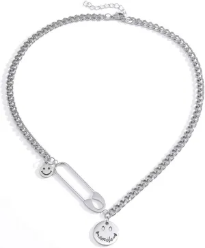 GulCean Smile Face Necklace Men Women Unisex Stainless Steel Punk Rock Hip Hop Goth Edgy Kpop cool Stylish Safety Pin Cuban Chain Choker Necklace