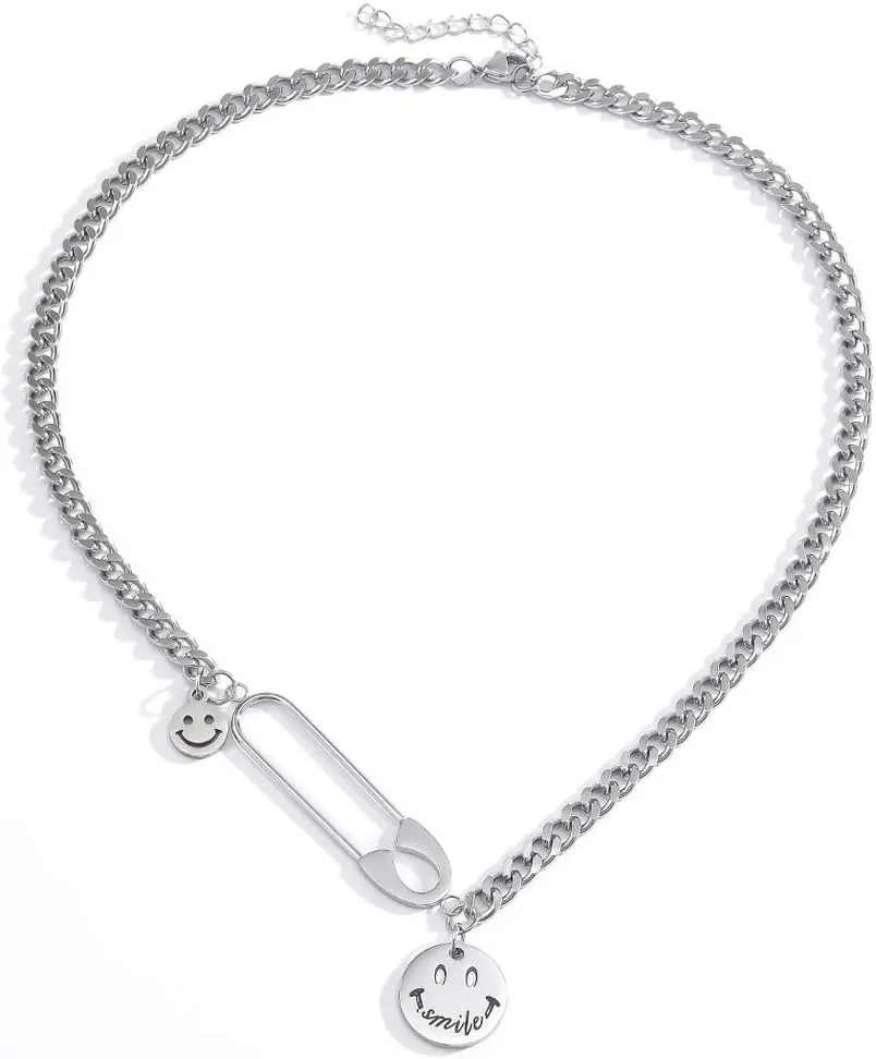 GulCean Smile Face Necklace Men Women Unisex Stainless Steel Punk Rock Hip Hop Goth Edgy Kpop cool Stylish Safety Pin Cuban Chain Choker Necklace