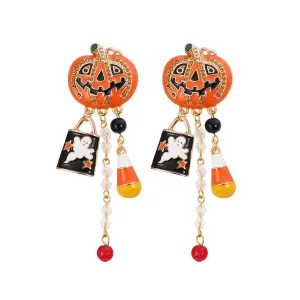 Halloween Pumpkin Earrings for Women Girls Delicate Handmade Long Candy Beads Ghost Pumpkin Earrings Smiling Face Pumpkin Dangle Drop Earrings Halloween Jewelry Gifts (Halloween Pumpkin Earrings)