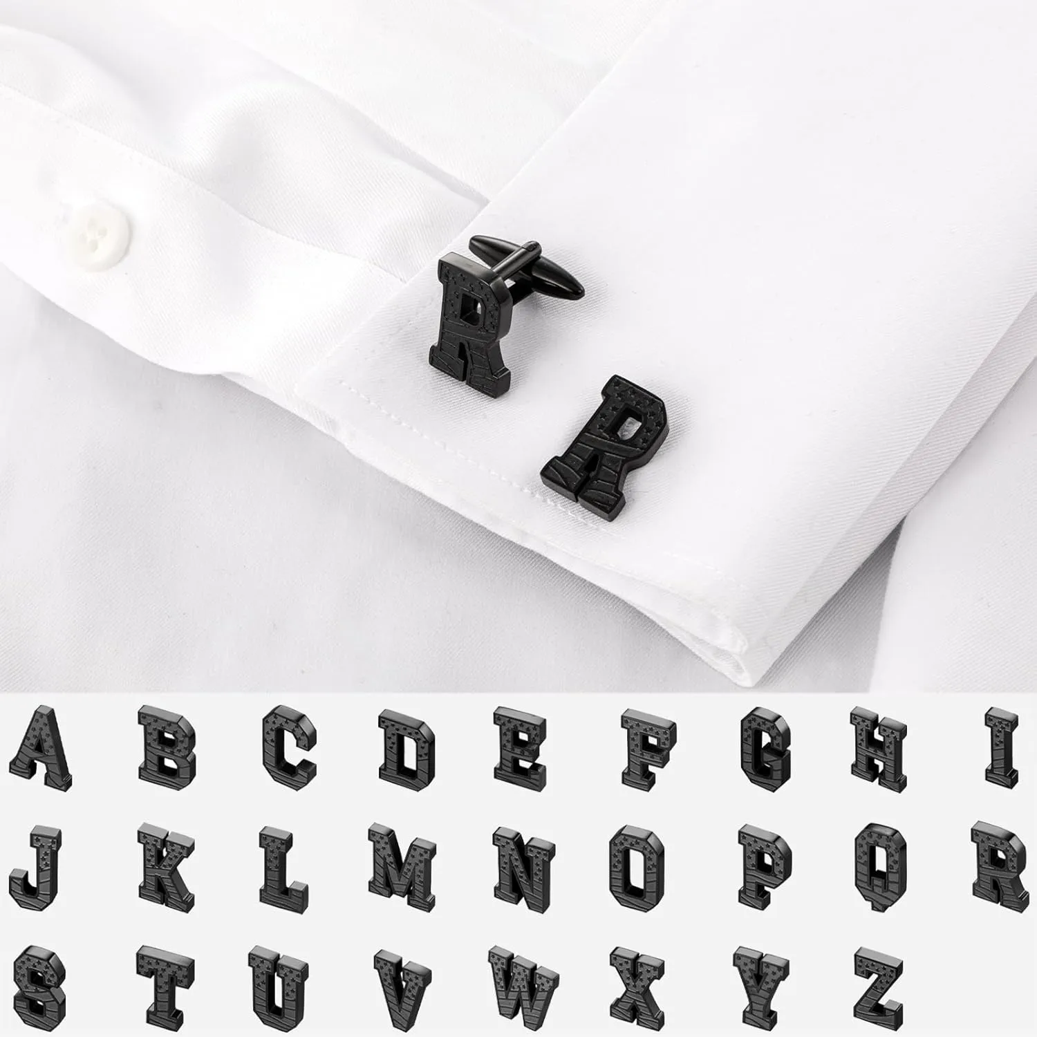 HAWSON Initial Cufflinks for Men with USA Flag Design, Classic Black Cuff Links with Letter Monogram Suits Shirt Studs for Wedding Party