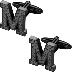 HAWSON Initial Cufflinks for Men with USA Flag Design, Classic Black Cuff Links with Letter Monogram Suits Shirt Studs for Wedding Party