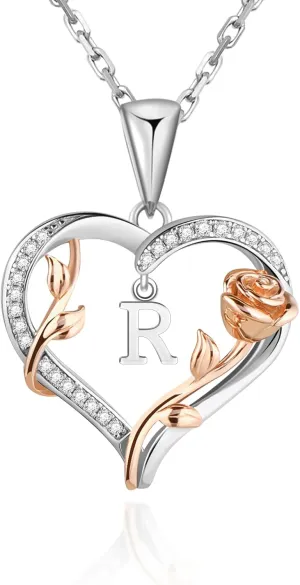 Heart Rose Initial Necklace,S925 Sterling Silver Letter Pendant Necklaces with Cubic Zirconia Set in,Unique Anniversary Birthday Jewelry Gifts for Women,Chain Length 17.7"