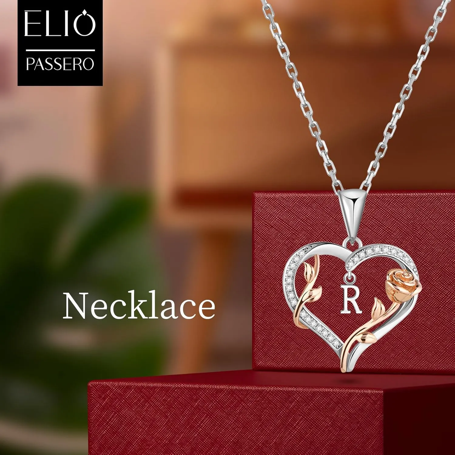 Heart Rose Initial Necklace,S925 Sterling Silver Letter Pendant Necklaces with Cubic Zirconia Set in,Unique Anniversary Birthday Jewelry Gifts for Women,Chain Length 17.7"
