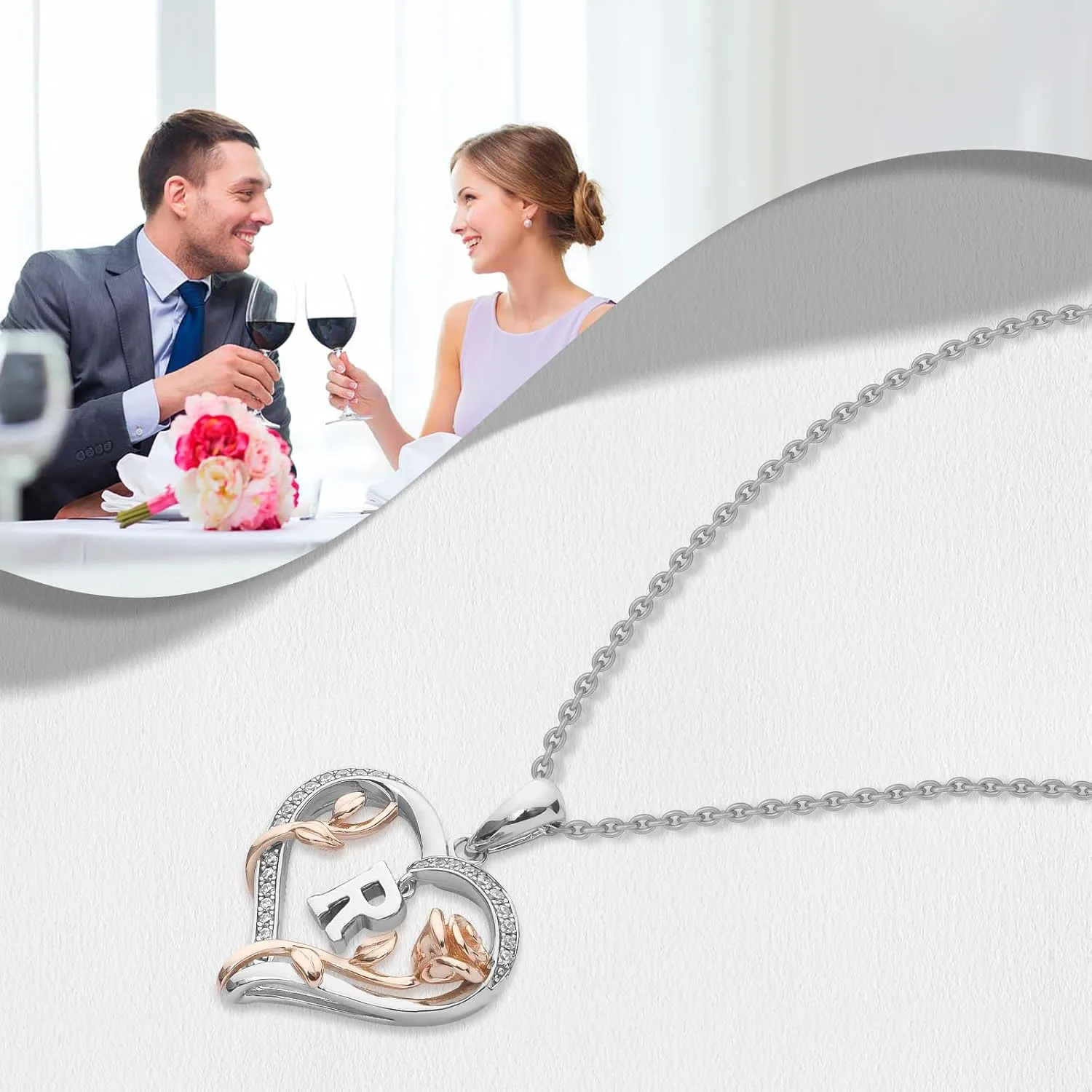 Heart Rose Initial Necklace,S925 Sterling Silver Letter Pendant Necklaces with Cubic Zirconia Set in,Unique Anniversary Birthday Jewelry Gifts for Women,Chain Length 17.7"