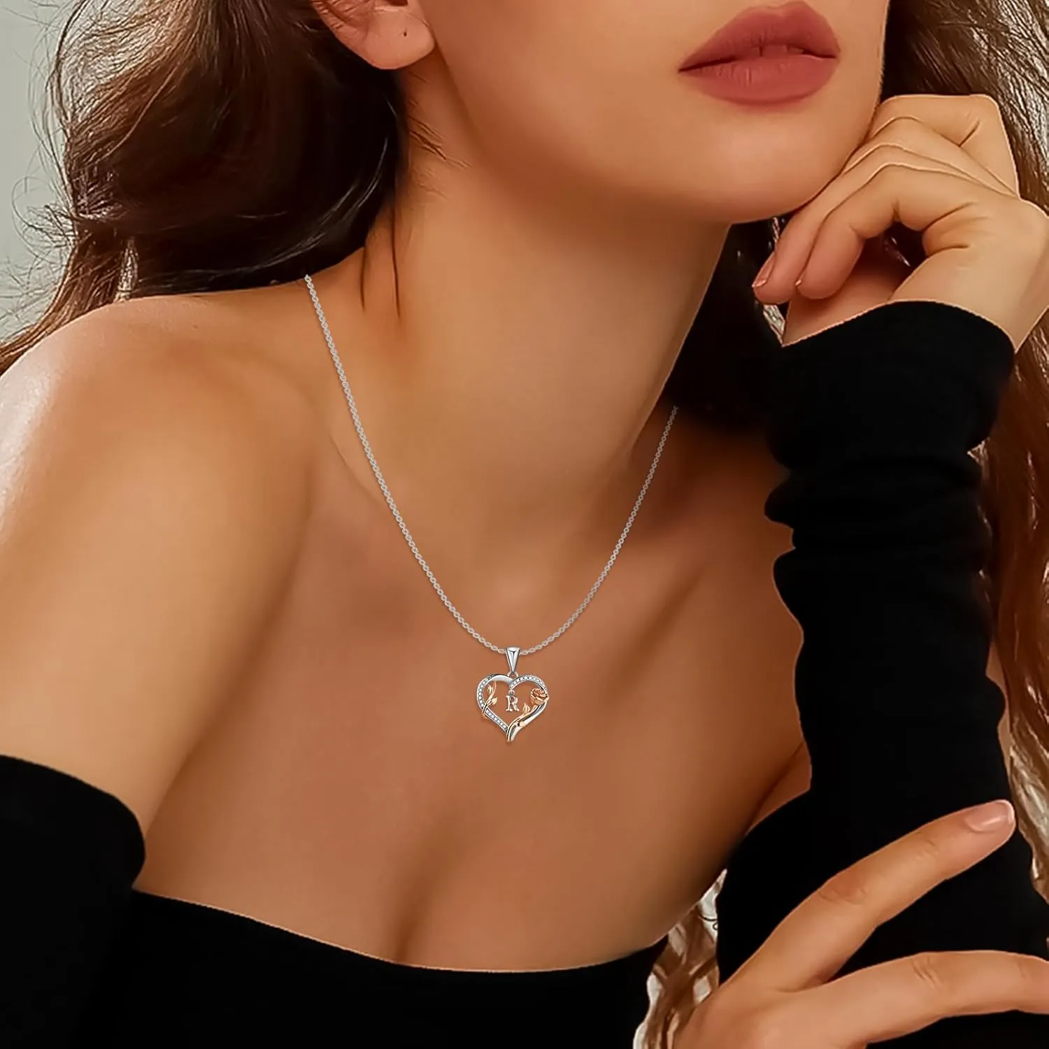 Heart Rose Initial Necklace,S925 Sterling Silver Letter Pendant Necklaces with Cubic Zirconia Set in,Unique Anniversary Birthday Jewelry Gifts for Women,Chain Length 17.7"
