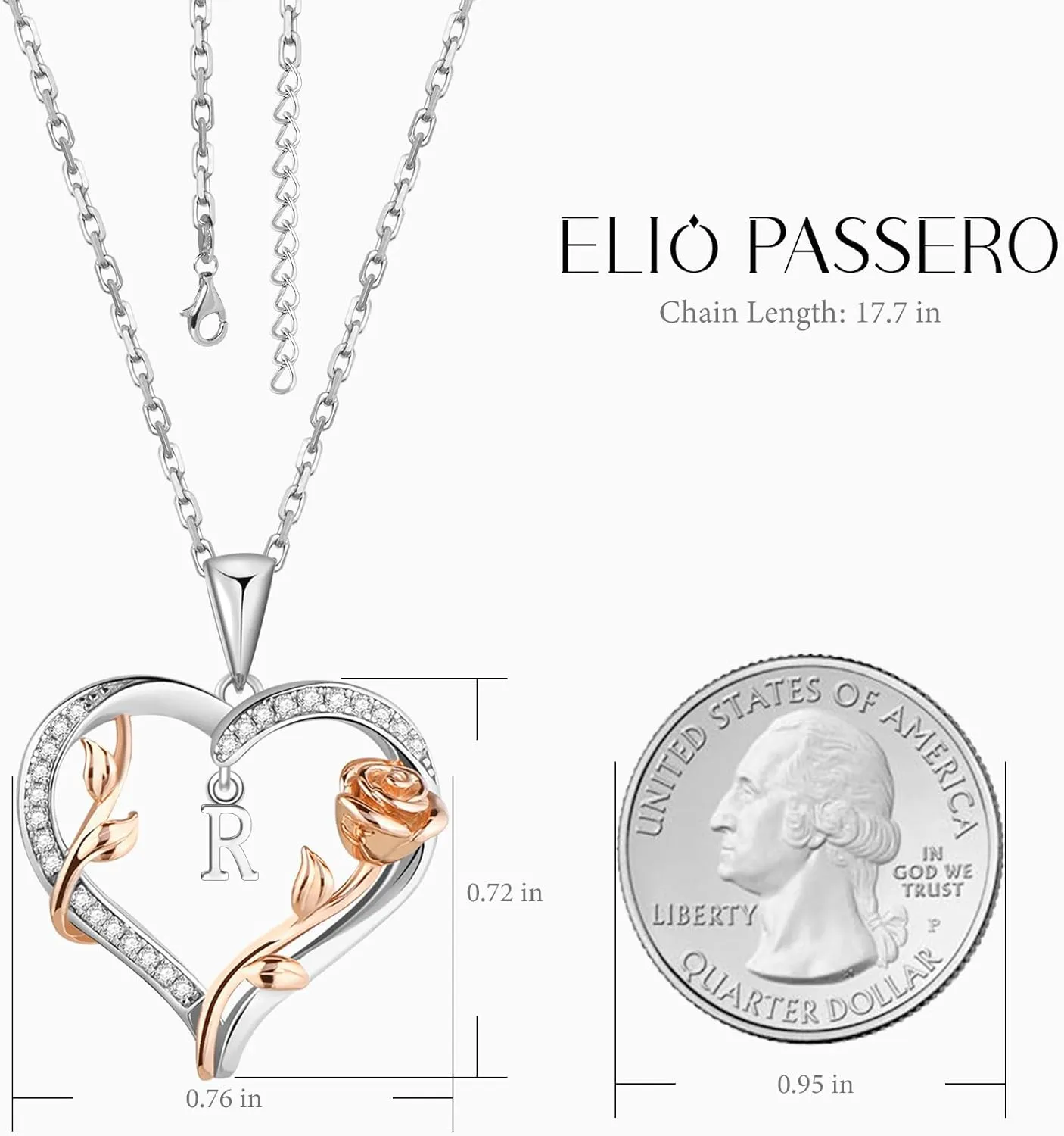Heart Rose Initial Necklace,S925 Sterling Silver Letter Pendant Necklaces with Cubic Zirconia Set in,Unique Anniversary Birthday Jewelry Gifts for Women,Chain Length 17.7"