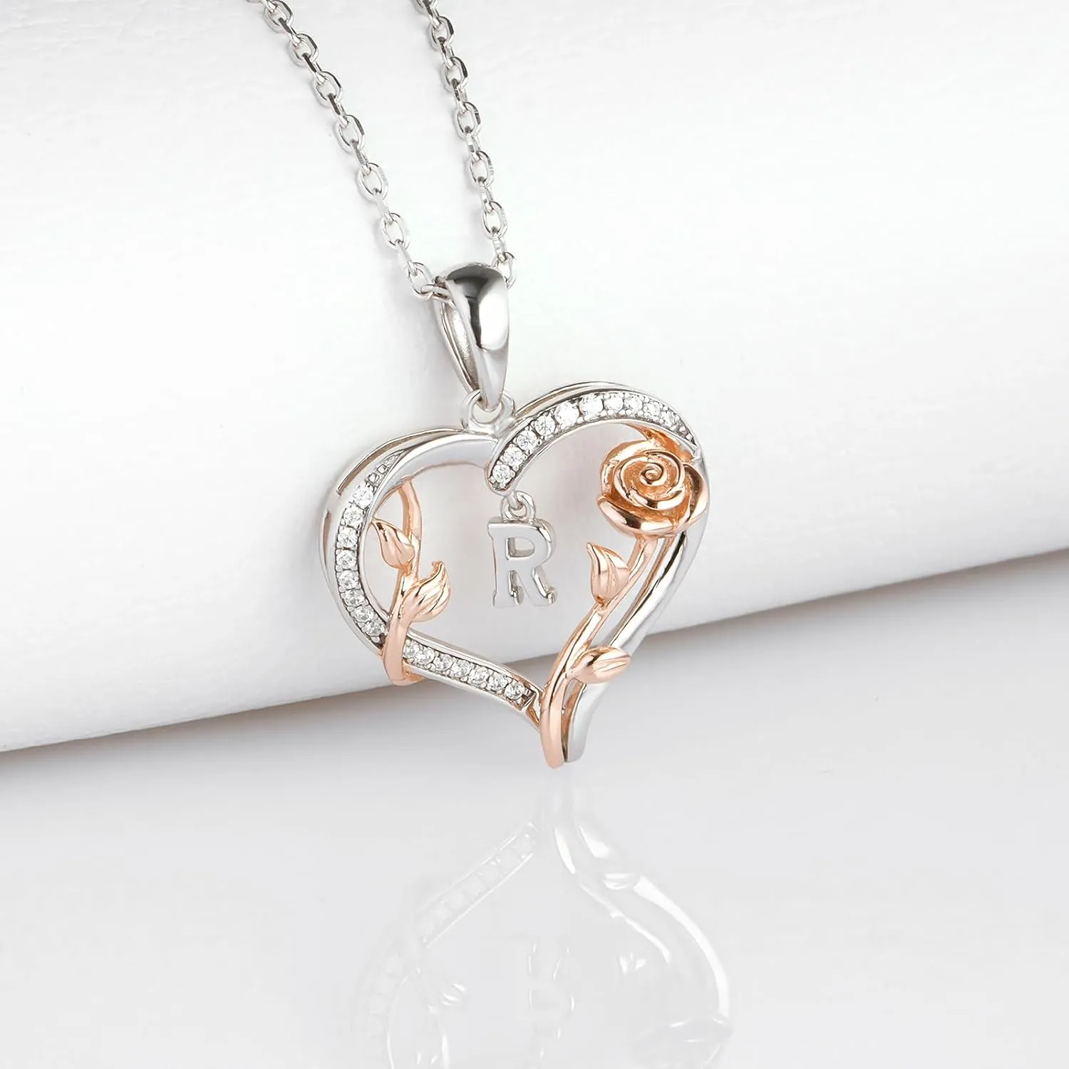 Heart Rose Initial Necklace,S925 Sterling Silver Letter Pendant Necklaces with Cubic Zirconia Set in,Unique Anniversary Birthday Jewelry Gifts for Women,Chain Length 17.7"