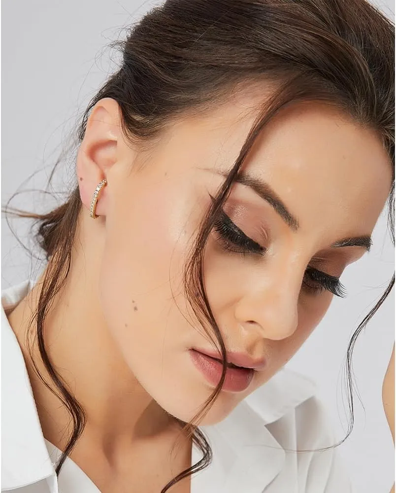 Hefanny Women Huggie Cubic Zirconia Gold Hoop Earrings Gold Ear Stud Cuff 14K Gold Filled Small Boho Beach Simple Delicate Handmade Hypoallergenic Jewelry Gift