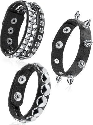 Hicarer 3 Pieces Halloween Leather Punk Bracelet for Men Women 80s Goth Rock Wristband Cuff Bangle Unisex for Party Favors Accessories