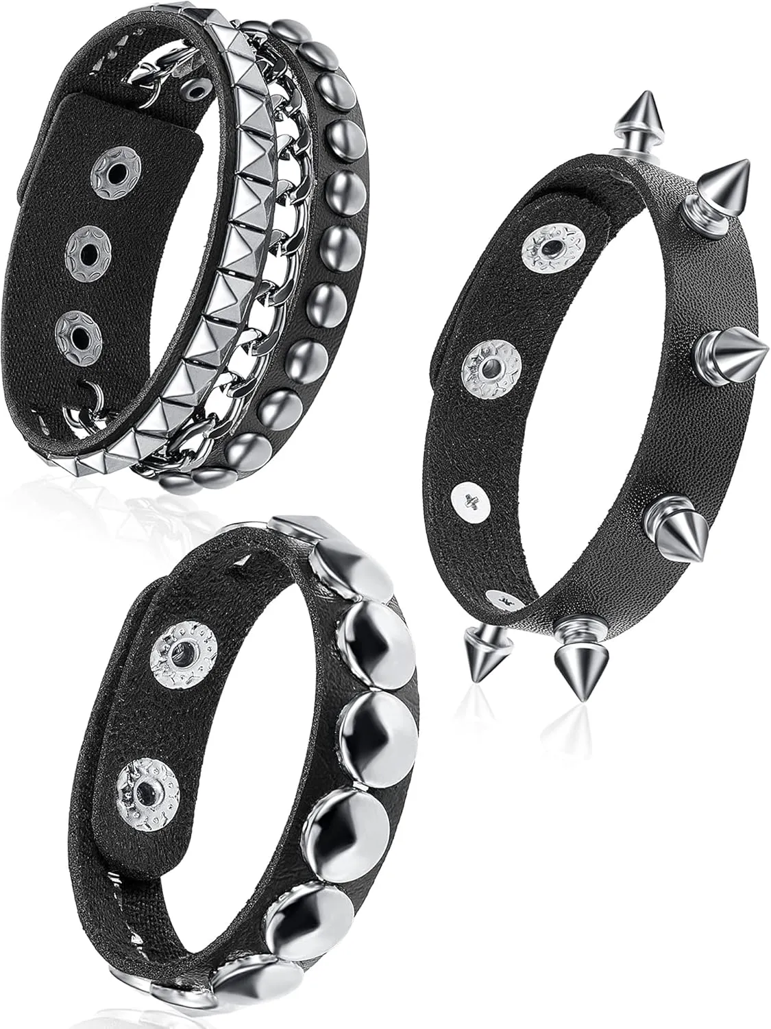 Hicarer 3 Pieces Halloween Leather Punk Bracelet for Men Women 80s Goth Rock Wristband Cuff Bangle Unisex for Party Favors Accessories