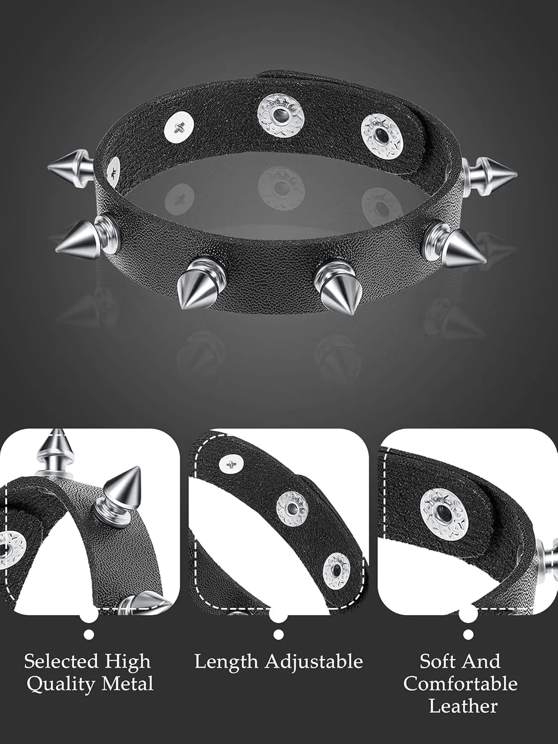 Hicarer 3 Pieces Halloween Leather Punk Bracelet for Men Women 80s Goth Rock Wristband Cuff Bangle Unisex for Party Favors Accessories