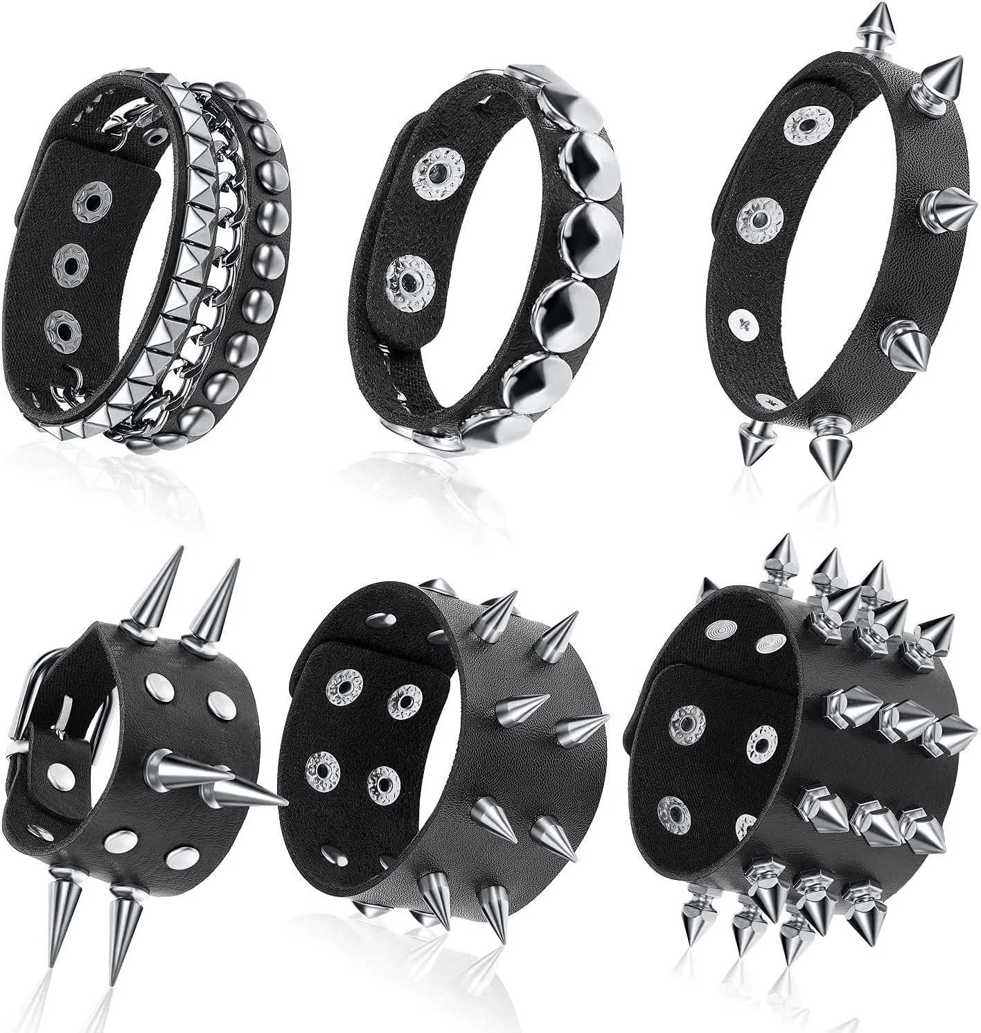 Hicarer 6 Pcs Spiked Studded Bracelets Punk Leather Rivets Bracelet Cuff for Men Women Halloween Accessories
