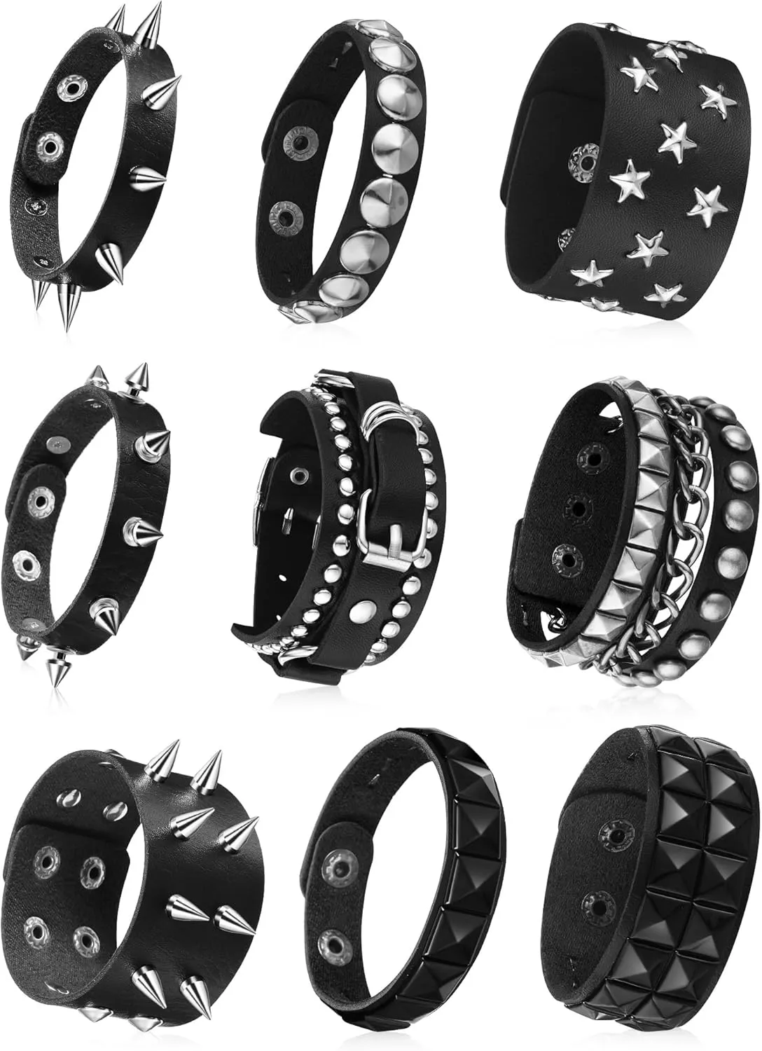 Hicarer 9 Pieces Spiked Studded Bracelet Black Leather Rivet Punk Bracelet Cuff Wrap Bangle Snap Button Metal Wristband for Men Women