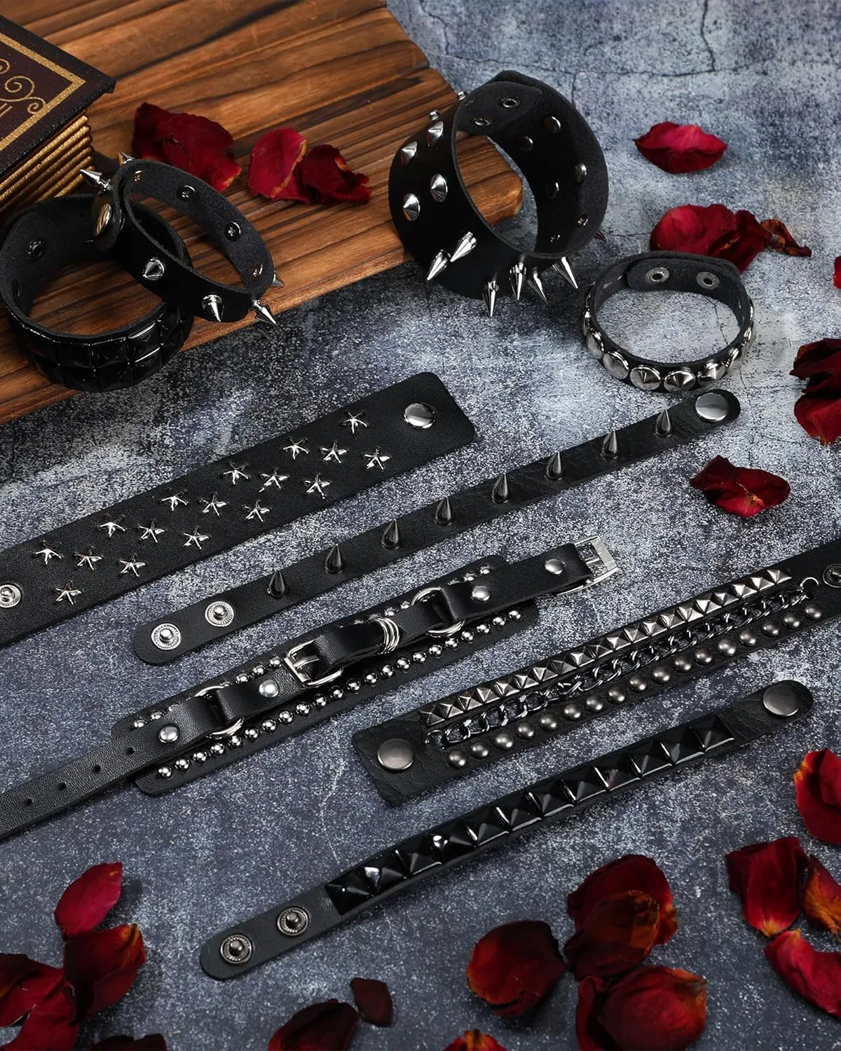 Hicarer 9 Pieces Spiked Studded Bracelet Black Leather Rivet Punk Bracelet Cuff Wrap Bangle Snap Button Metal Wristband for Men Women