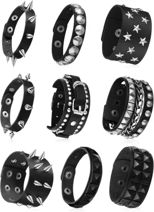 Hicarer 9 Pieces Spiked Studded Bracelet Black Leather Rivet Punk Bracelet Cuff Wrap Bangle Snap Button Metal Wristband for Men Women