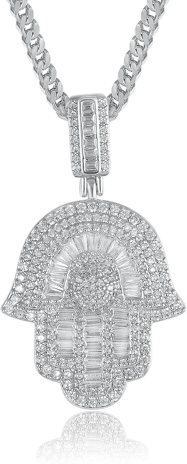 Hip Hop 14K/white Gold Plated Micro Iced Out Hamsa Hands Pendant with 24" Franco Chain Necklaces for Men Women
