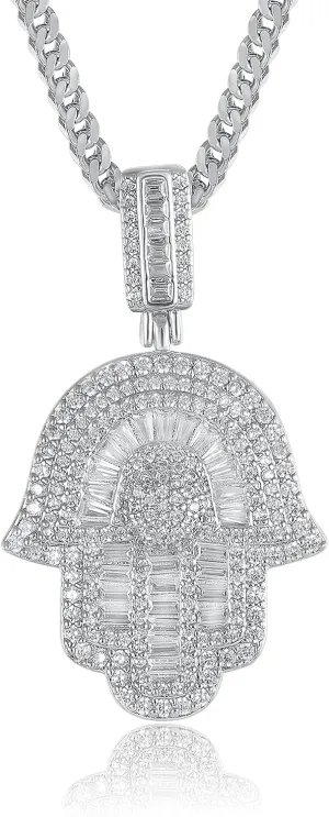 Hip Hop 14K/white Gold Plated Micro Iced Out Hamsa Hands Pendant with 24" Franco Chain Necklaces for Men Women