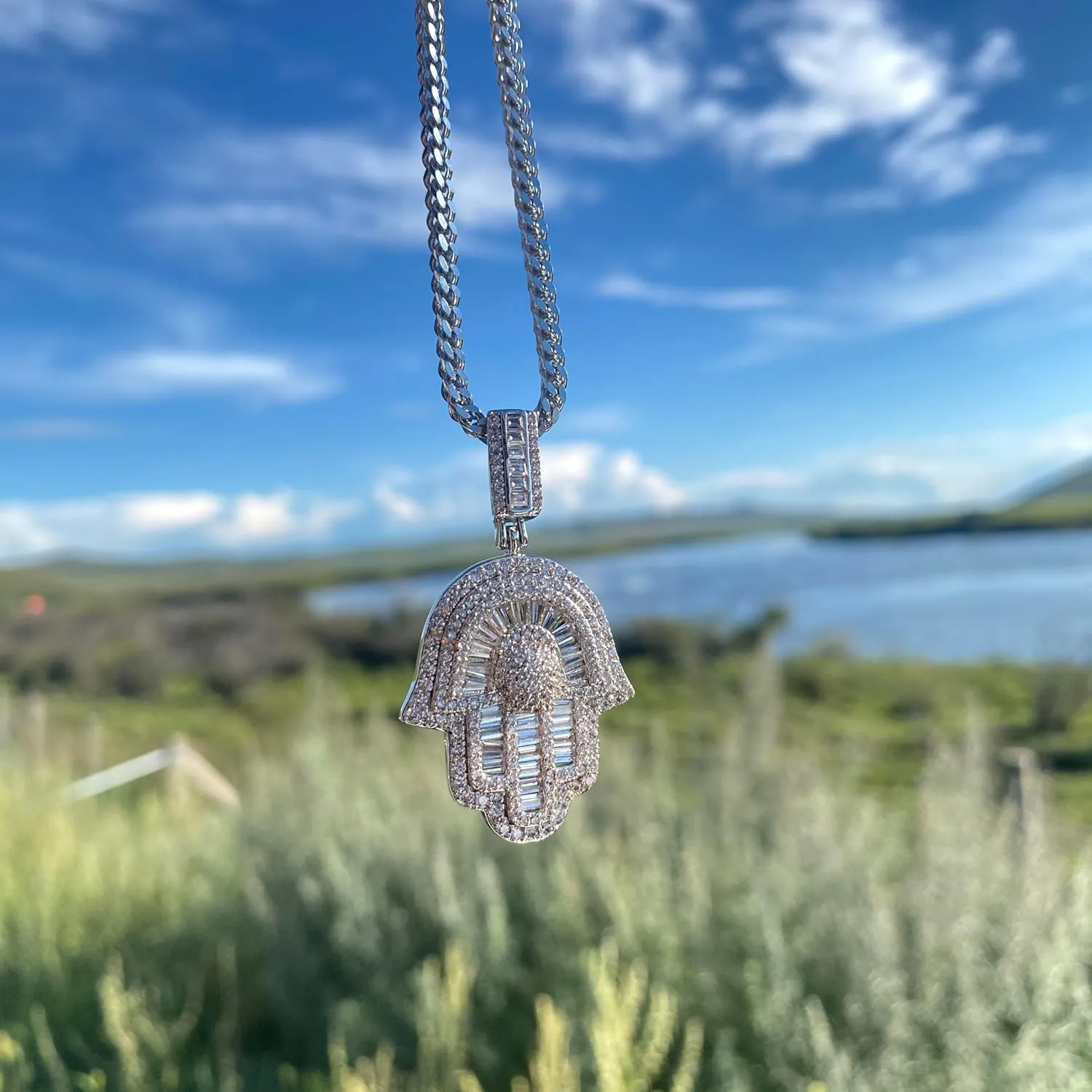 Hip Hop 14K/white Gold Plated Micro Iced Out Hamsa Hands Pendant with 24" Franco Chain Necklaces for Men Women