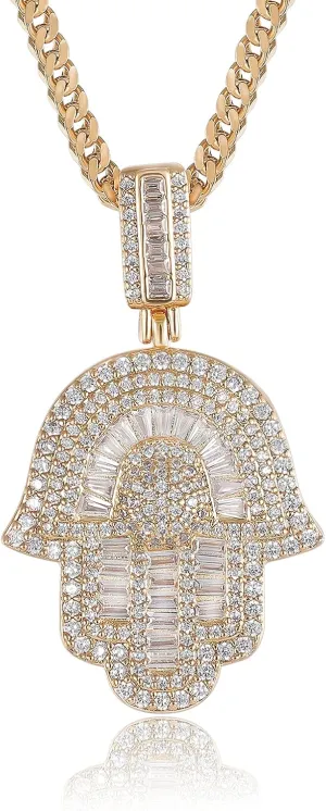 Hip Hop 14K/white Gold Plated Micro Iced Out Hamsa Hands Pendant with 24" Franco Chain Necklaces for Men Women