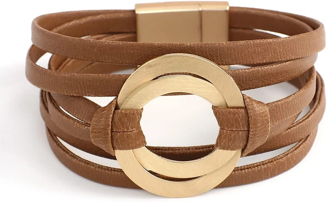 hotoo Circle Charm Bracelets for Women Handmade Leather Wrap Bracelets for Women Teen Girls Bohemian Couples Friendship Bracelet Cuff Bangle Boho Jewelry Gift for Sisters, Wife and Mother
