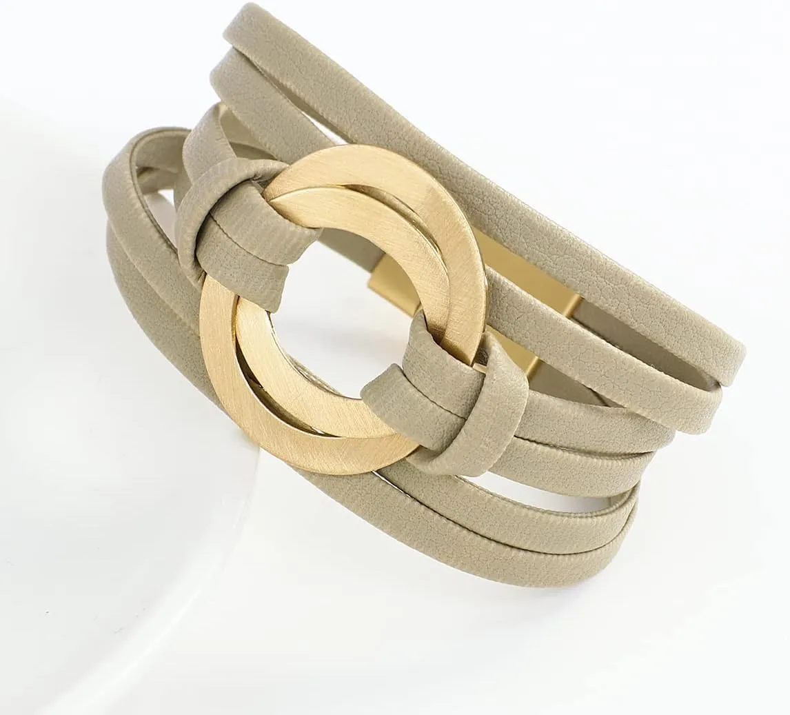 hotoo Circle Charm Bracelets for Women Handmade Leather Wrap Bracelets for Women Teen Girls Bohemian Couples Friendship Bracelet Cuff Bangle Boho Jewelry Gift for Sisters, Wife and Mother