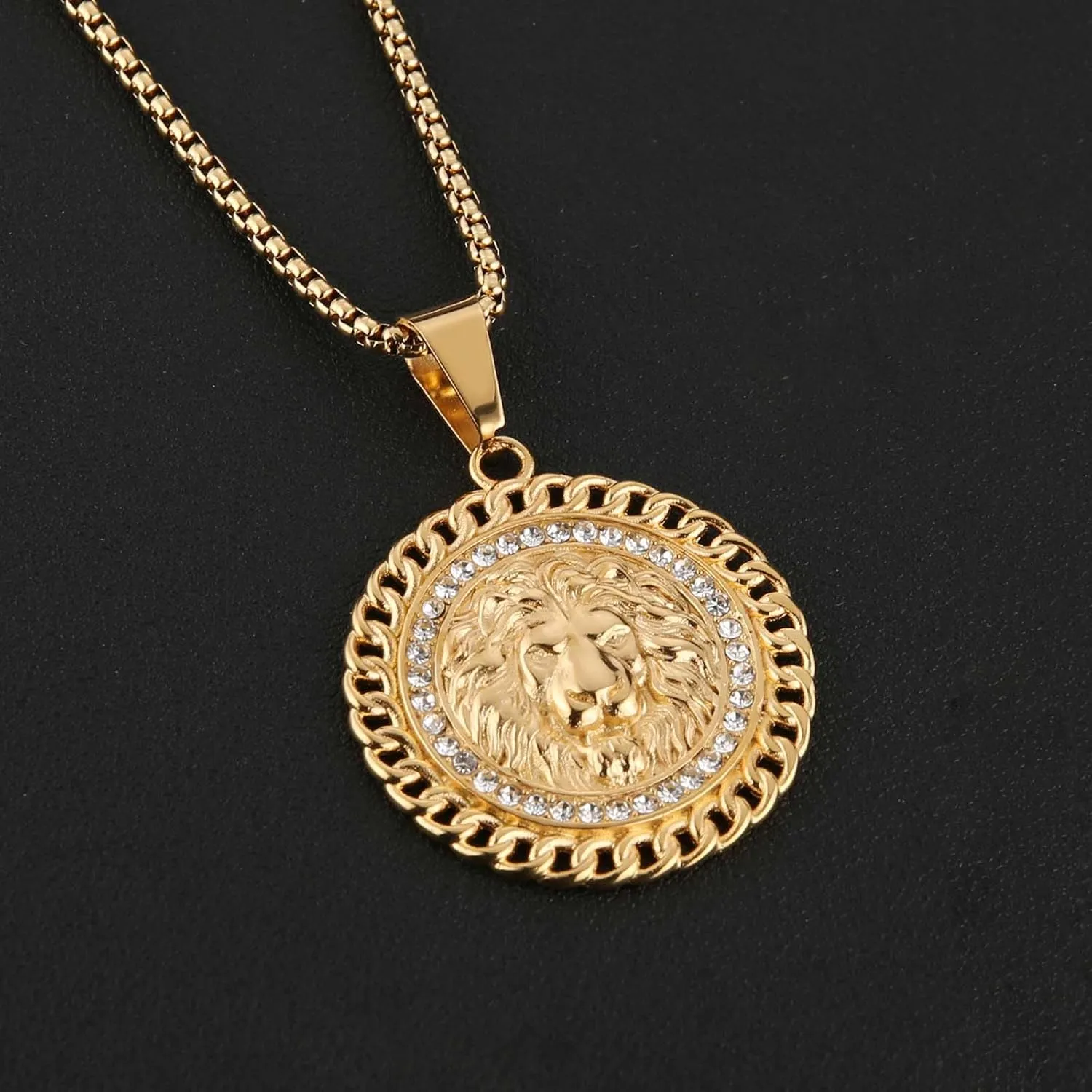 HZMAN 18K Gold Plated Lion Head Necklace Pendant for Men Stainless Steel Hip Hop Rock Lion King Necklaces Charm Animal Amulet Jewelry