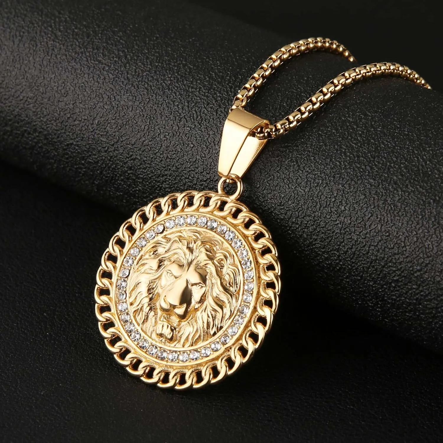 HZMAN 18K Gold Plated Lion Head Necklace Pendant for Men Stainless Steel Hip Hop Rock Lion King Necklaces Charm Animal Amulet Jewelry