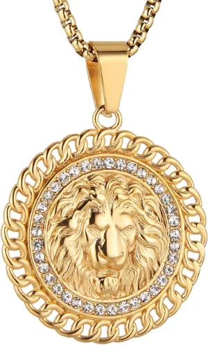 HZMAN 18K Gold Plated Lion Head Necklace Pendant for Men Stainless Steel Hip Hop Rock Lion King Necklaces Charm Animal Amulet Jewelry