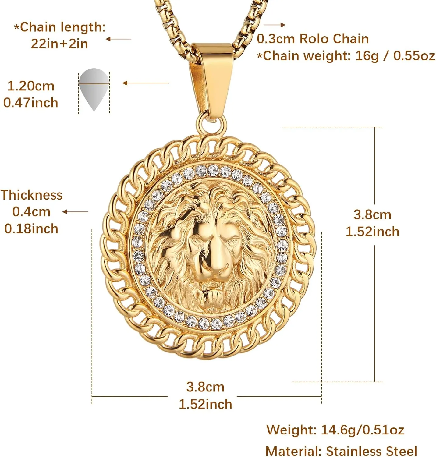 HZMAN 18K Gold Plated Lion Head Necklace Pendant for Men Stainless Steel Hip Hop Rock Lion King Necklaces Charm Animal Amulet Jewelry