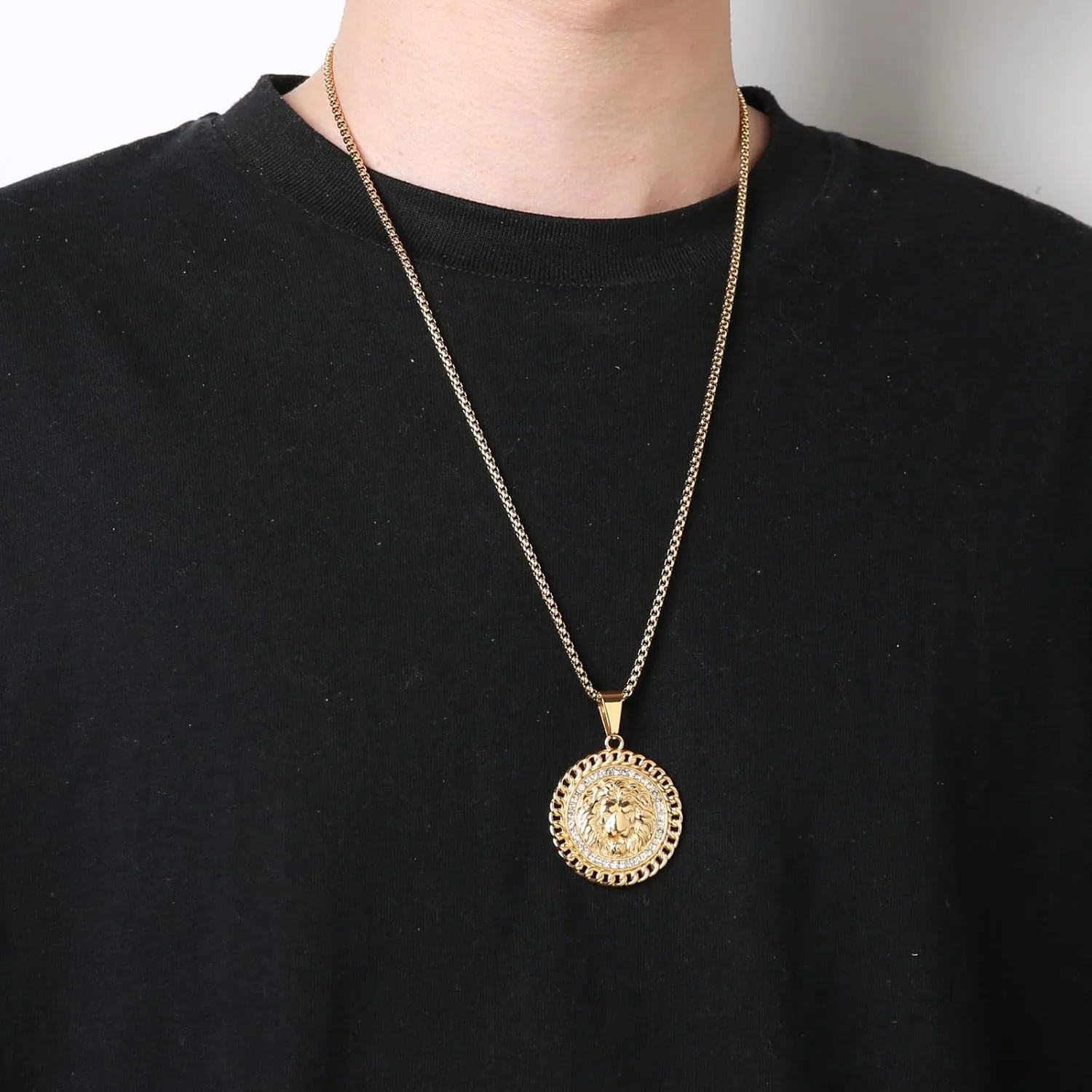 HZMAN 18K Gold Plated Lion Head Necklace Pendant for Men Stainless Steel Hip Hop Rock Lion King Necklaces Charm Animal Amulet Jewelry