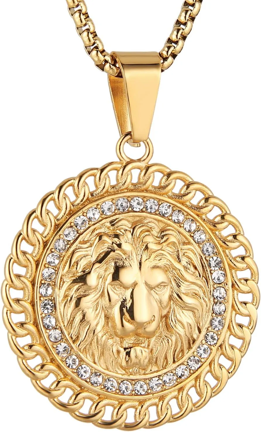 HZMAN 18K Gold Plated Lion Head Necklace Pendant for Men Stainless Steel Hip Hop Rock Lion King Necklaces Charm Animal Amulet Jewelry