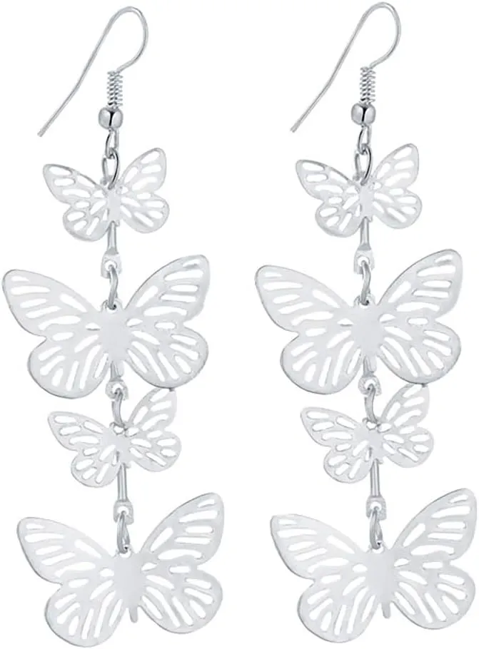 IDB Delicate Filigree Dangle Flying Butterfly Hook Earrings - Available in Silver and Gold Tones