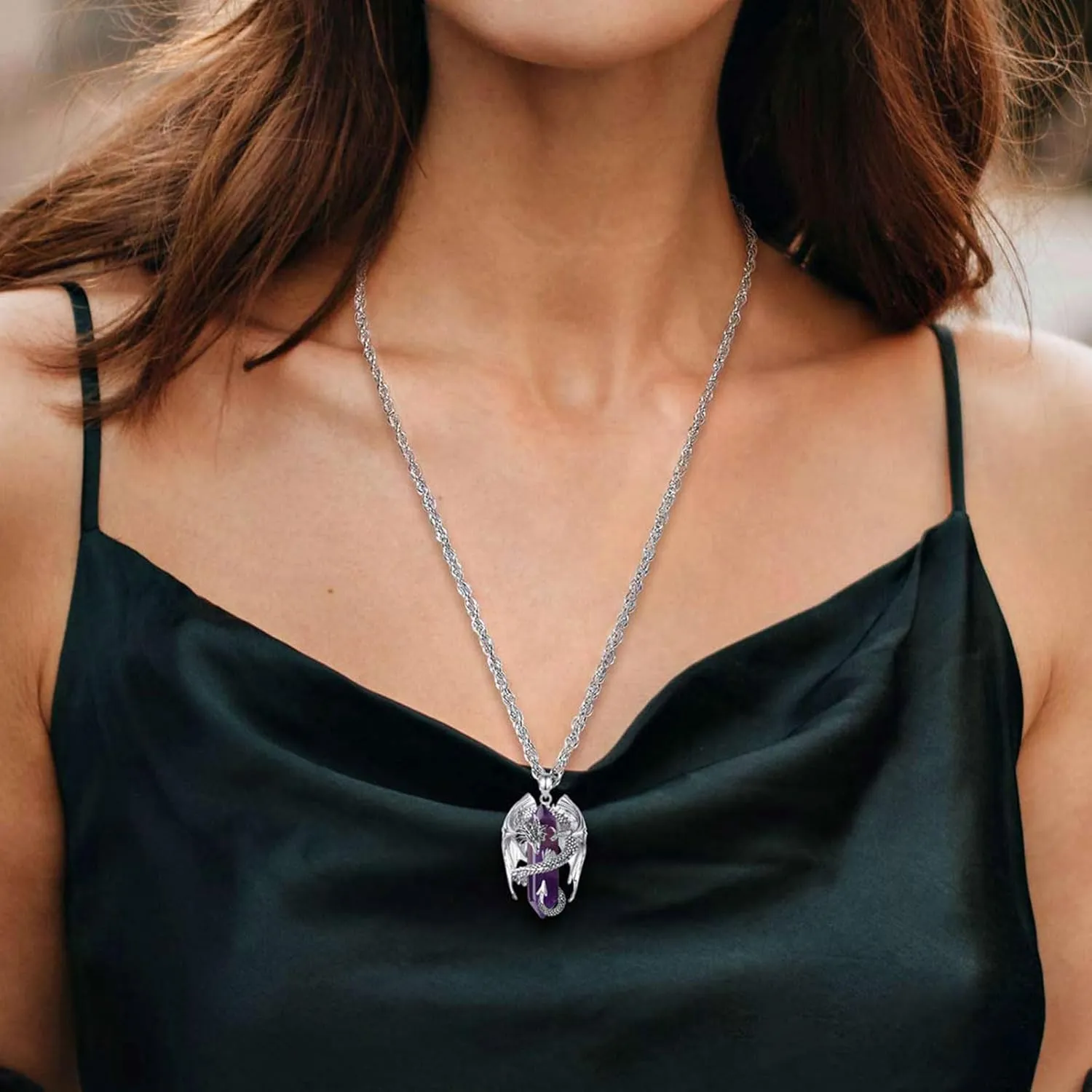 INFUSEU Dragon Necklaces with Healing Crystal Stone for Men Women, Unique Personalized Spiritual Gifts, 22 2 Inch Chain