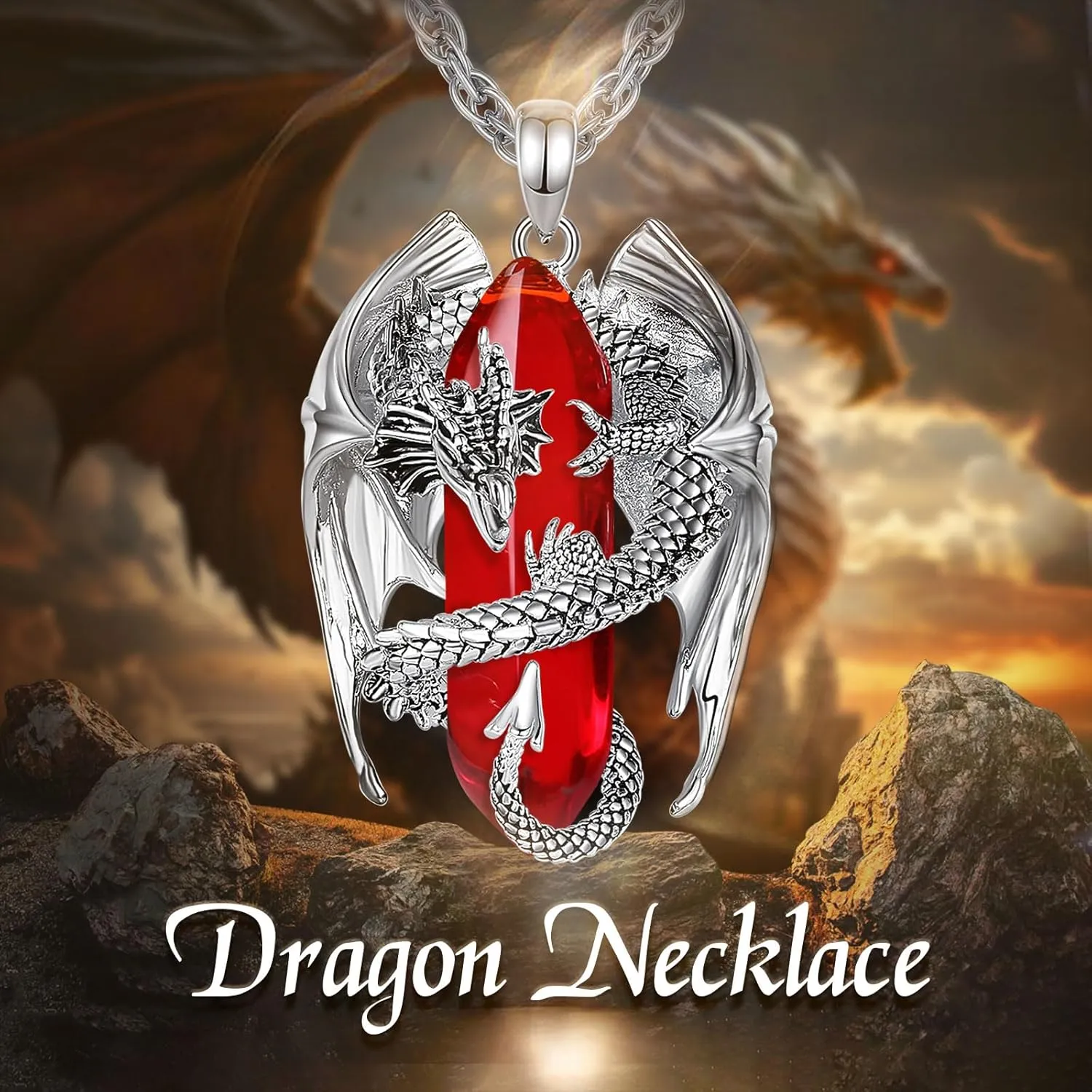 INFUSEU Dragon Necklaces with Healing Crystal Stone for Men Women, Unique Personalized Spiritual Gifts, 22 2 Inch Chain