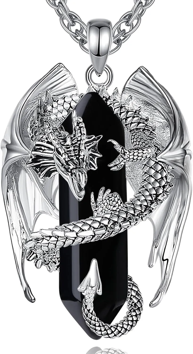 INFUSEU Dragon Necklaces with Healing Crystal Stone for Men Women, Unique Personalized Spiritual Gifts, 22 2 Inch Chain