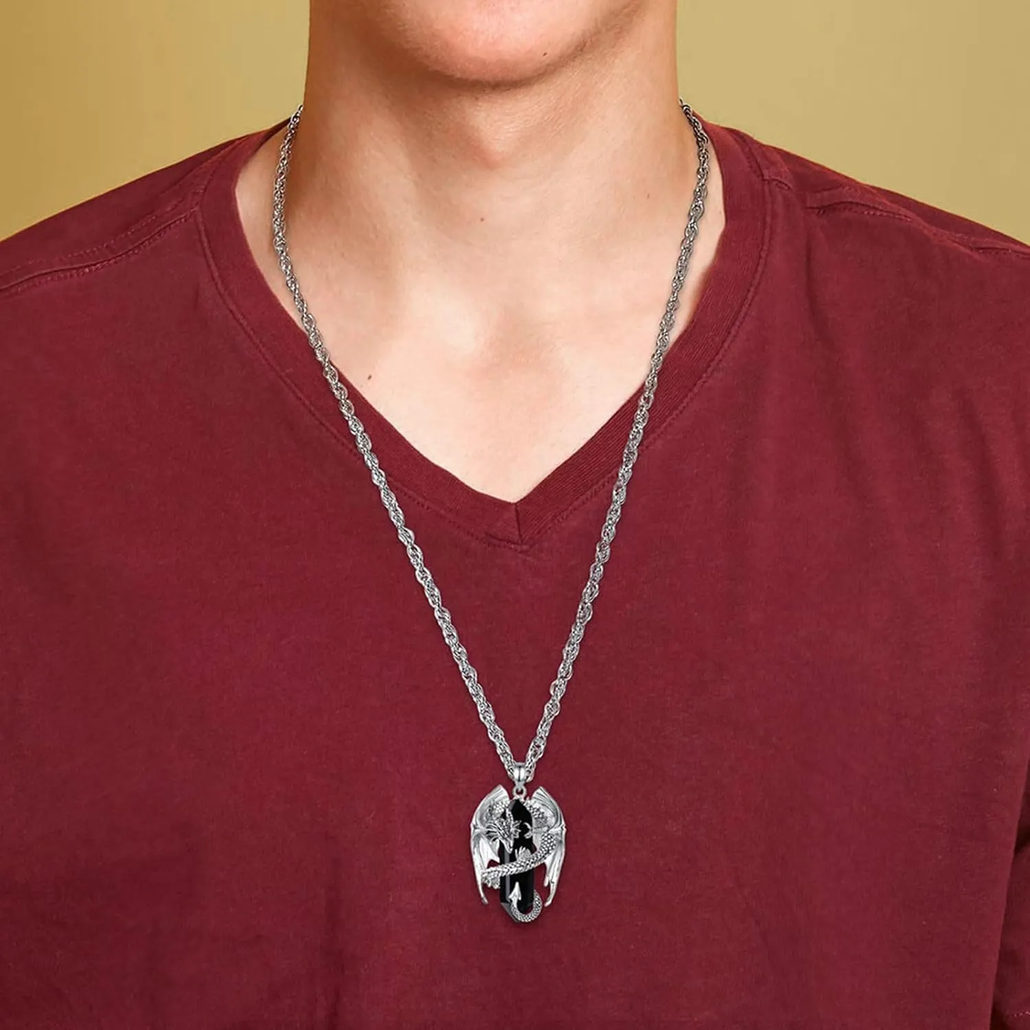 INFUSEU Dragon Necklaces with Healing Crystal Stone for Men Women, Unique Personalized Spiritual Gifts, 22 2 Inch Chain