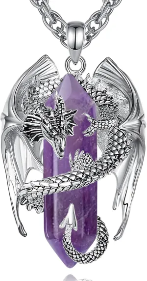 INFUSEU Dragon Necklaces with Healing Crystal Stone for Men Women, Unique Personalized Spiritual Gifts, 22 2 Inch Chain