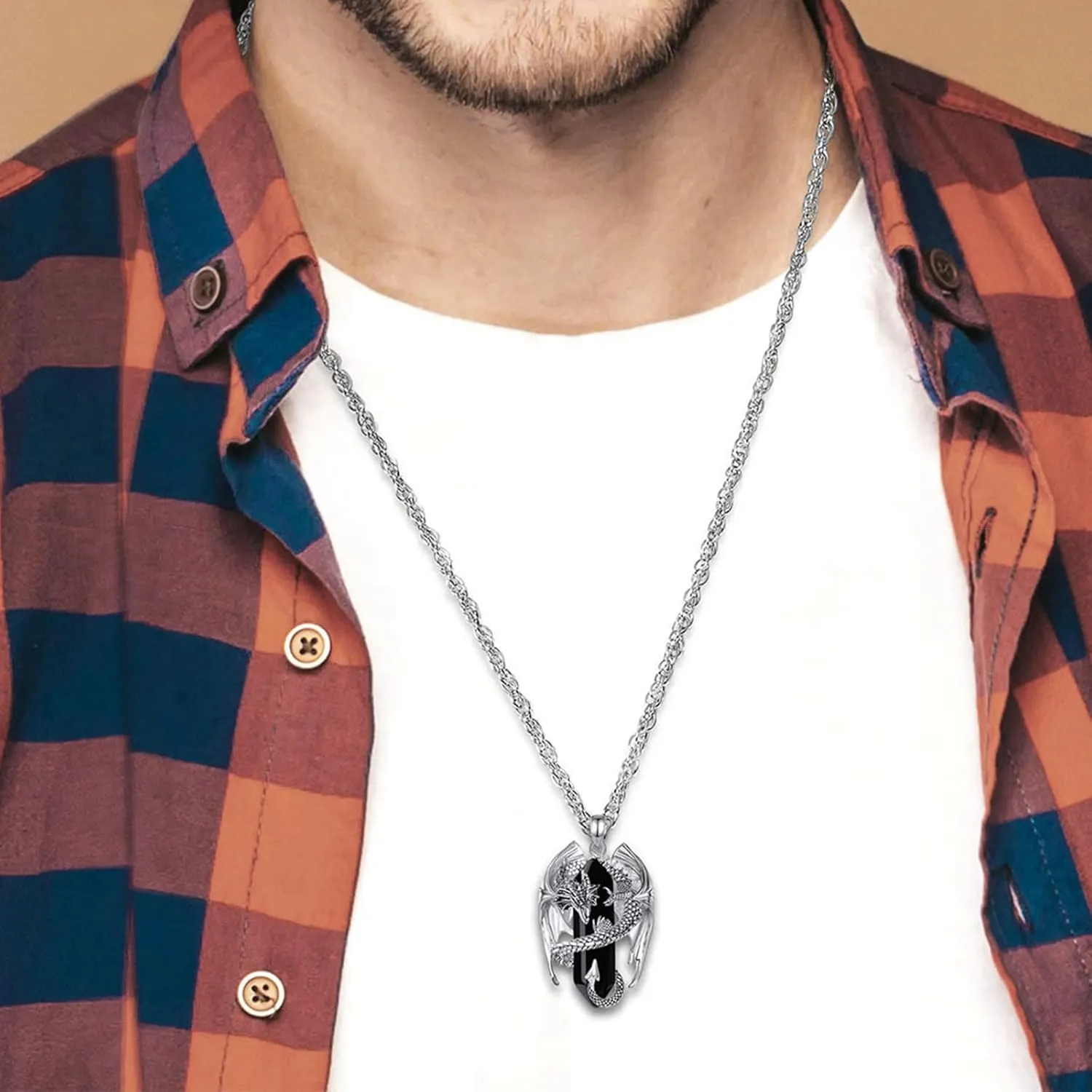 INFUSEU Dragon Necklaces with Healing Crystal Stone for Men Women, Unique Personalized Spiritual Gifts, 22 2 Inch Chain