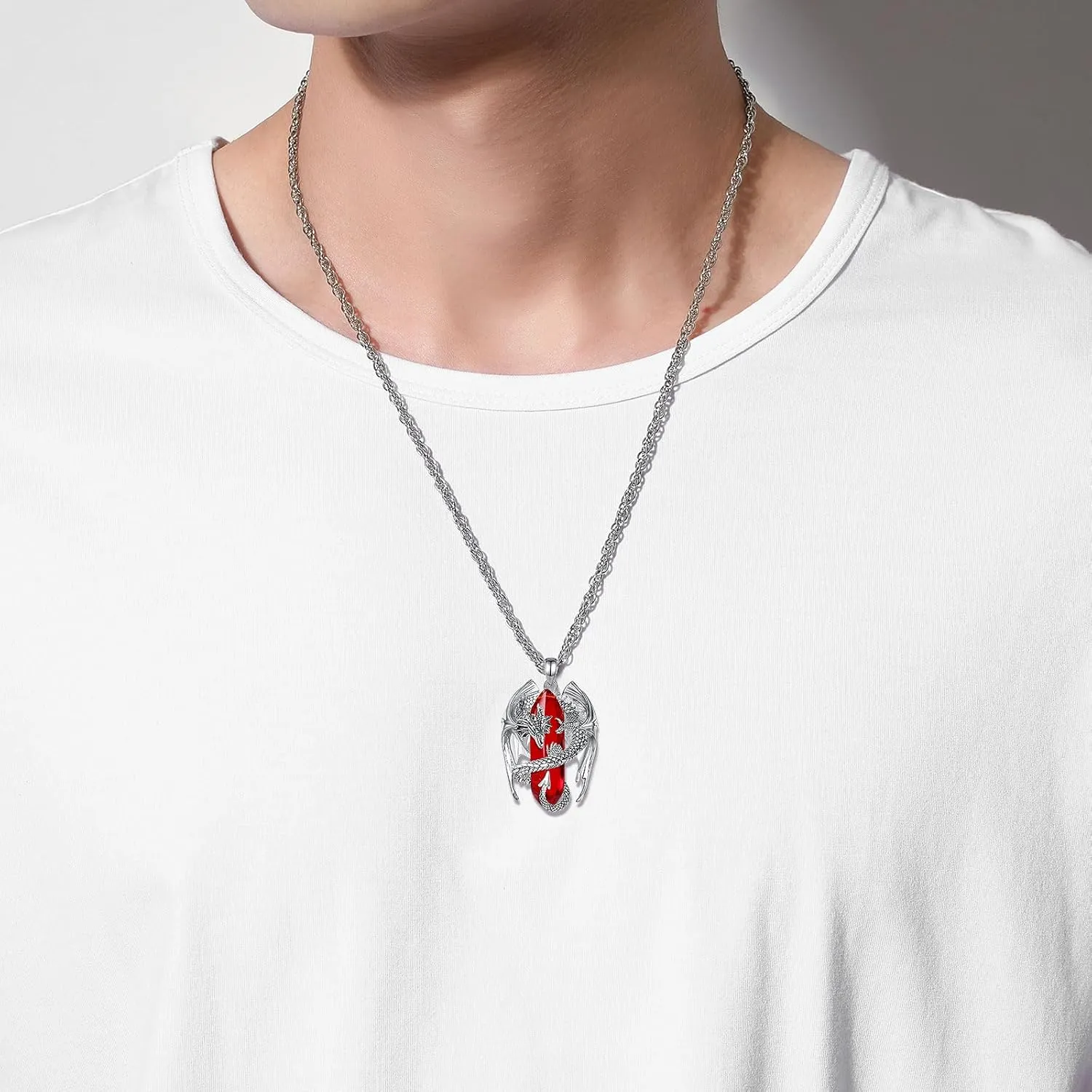 INFUSEU Dragon Necklaces with Healing Crystal Stone for Men Women, Unique Personalized Spiritual Gifts, 22 2 Inch Chain